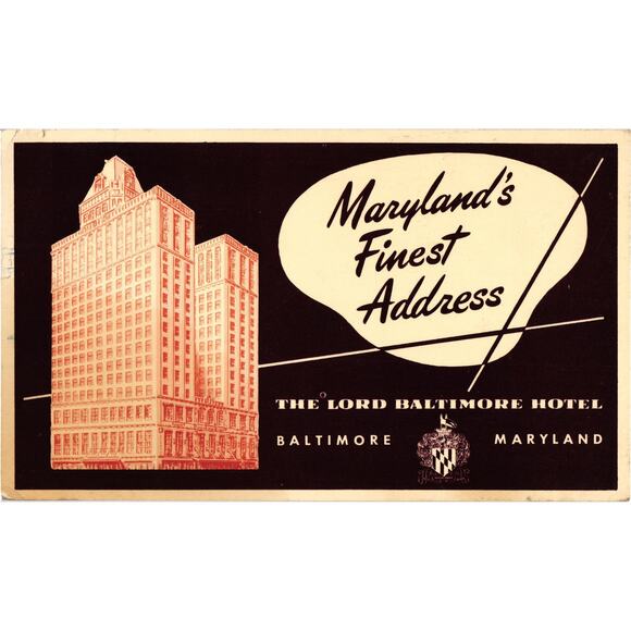 Lord Baltimore Hotel Postcard Baltimore Marylands Finest Address Posted Stamped - Picture 1 of 2
